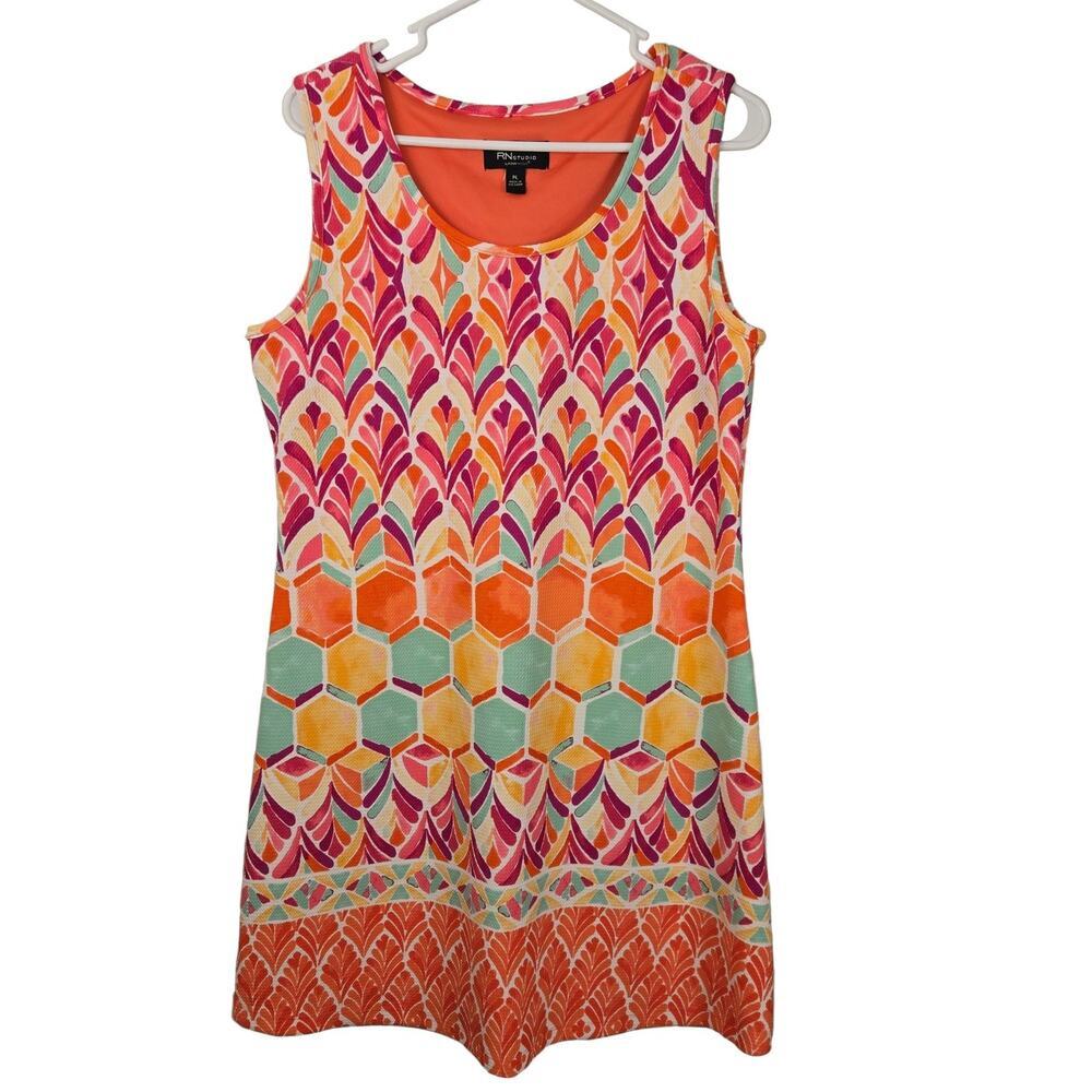 RN Studio Geometric Leaf Print Shift Dress Women's PL Sleeveless Stretch